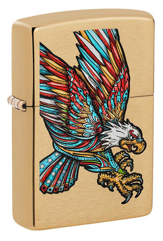 Front shot of Tattoo Eagle Design Brushed Brass Windproof Lighter standing at a 3/4 angle.