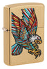 Front shot of Tattoo Eagle Design Brushed Brass Windproof Lighter standing at a 3/4 angle.