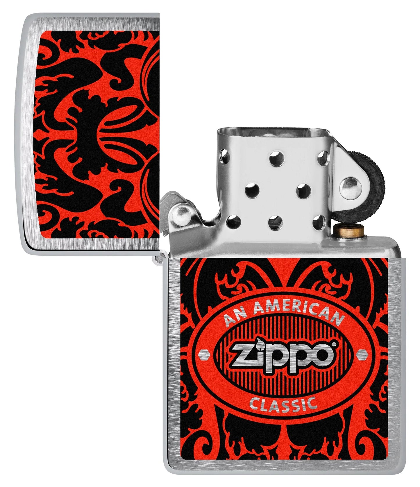 Zippo American Classic Windproof Lighter with its lid open and unlit.