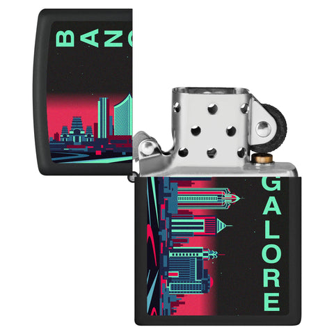 Bangalore Skyline Design Windproof Lighter with its lid open and unlit.