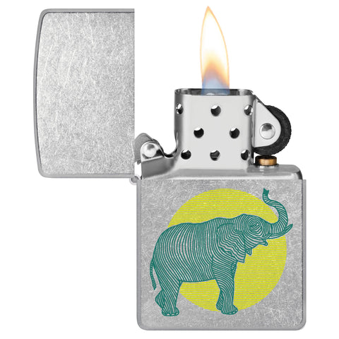 Elephant Design Windproof Lighter with its lid open and lit.