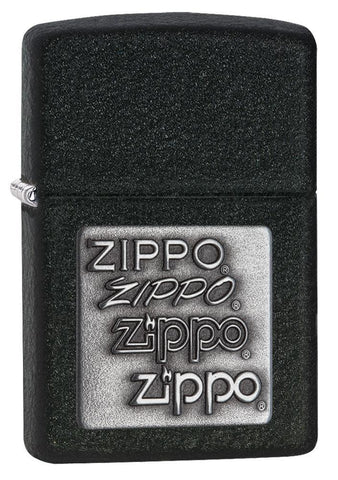 Front view of Black Crackle Silver Zippo Logo Emblem Windproof Lighter standing at a 3/4 angle