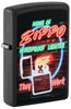 Front shot of Neon Sign Design Black Matte Windproof Lighter standing at a 3/4 angle.