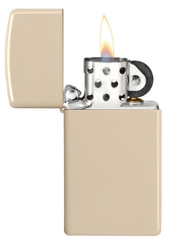 Slim® Flat Sand Windproof Lighter with its lid open and lit.