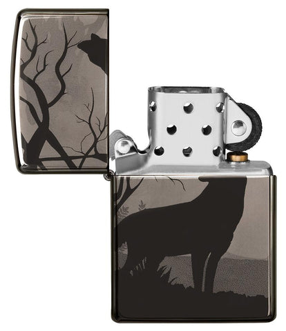 Wolves Design Photo Image 360Â° Black Ice Windproof Lighter with its lid open and not lit