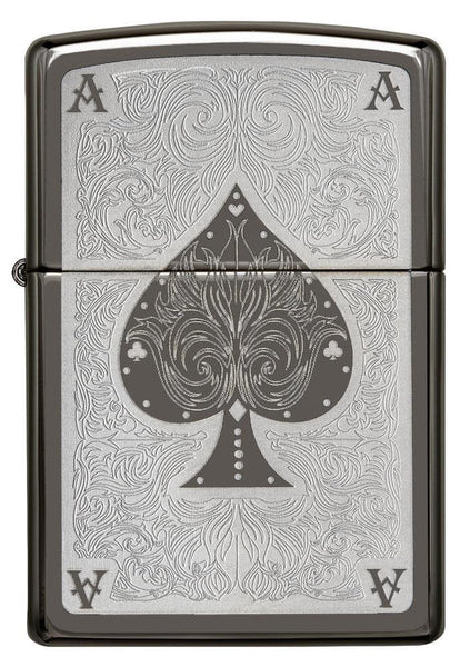 Front view of Black Ice Ace Filigree Engraved Windproof Lighter