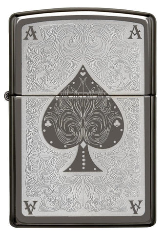 Front view of Black Ice Ace Filigree Engraved Windproof Lighter