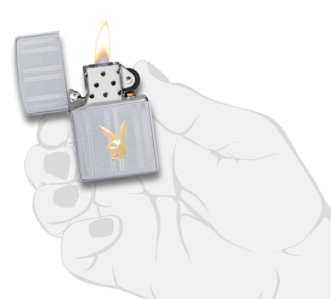 Front view of the Playboy Lighter in hand, open and lit