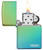 High Polish Teal Zippo Logo windproof lighter with its lid open and lit