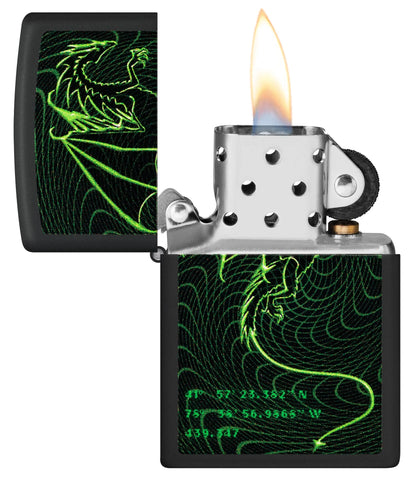 Zippo Cyberpunk Dragon Design Windproof Lighter with its lid open and lit.