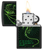 Zippo Cyberpunk Dragon Design Windproof Lighter with its lid open and lit.