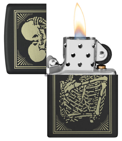 Lovers Design Black Matte Windproof Lighter with its lid open and lit.