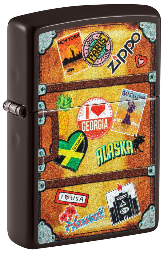 Front shot of Suitcase Design Brown Windproof Lighter standing at a 3/4 angle