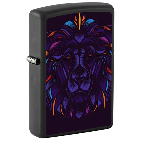 Front shot of Lion Design Windproof Lighter standing at a 3/4 angle.