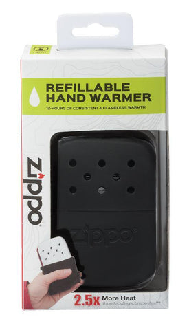 12-Hour Black Refillable Hand Warmer in the packaging