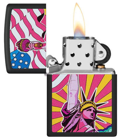 Lady Liberty Design Black Matte Windproof Lighter with its lid open and lit.
