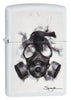 Front view of the Black Bird Resting on a Smoking Gas Mask shot at a 3/4 angle 