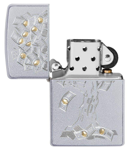 Front view of the Money Tree Design Lighter open and unlit