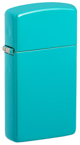 Front view of Slim® Flat Turquoise Windproof Lighter standing at a 3/4 angle.