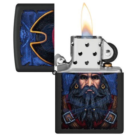 Pirate Blacklight Design Windproof Lighter with its lid open and lit.