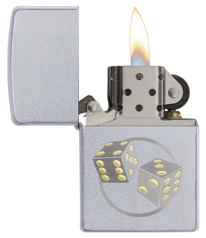 Dice Satin Chrome Windproof Lighter open and lit