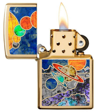 Fusion Space High Polish Brass Windproof Lighter with its lid open and lit