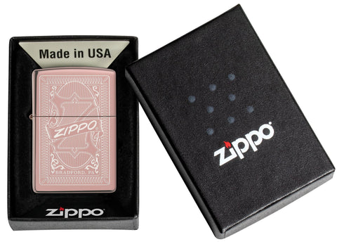 Reimagine Zippo High Polish Rose Gold Windproof Lighter in its packaging