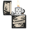 Comic Girl Design Windproof Lighter with its lid open and lit.