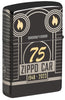 Angled shot of Zippo Car 75th Anniversary Collectible Armor High Polish Black Windproof Lighter, showing the back and hinge side of the lighter.