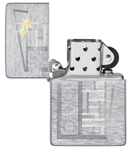 Retro Zippo Design Vintage Brushed Chrome Windproof Lighter with its lid open and unlit.