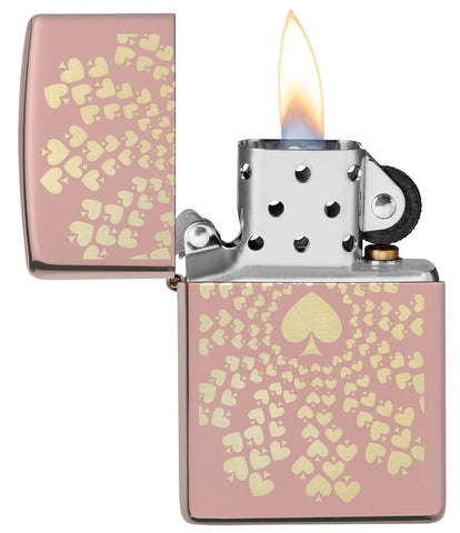 Ace of Spades Patter Design Windproof Lighter with its lid open and lit.