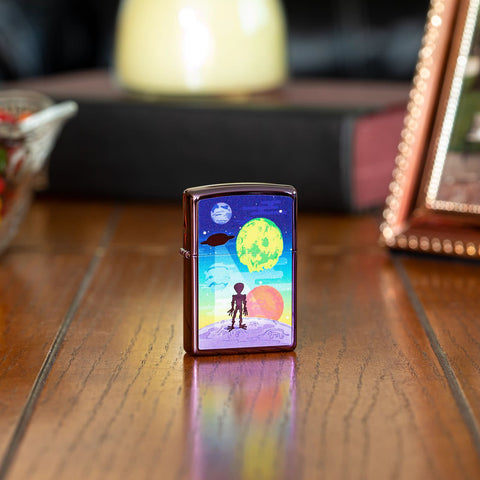 Alien Worlds High Polish Purple Windproof Lighter standing on a side stand