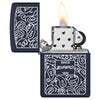 Paisley Design Windproof Lighter with its lid open and lit.