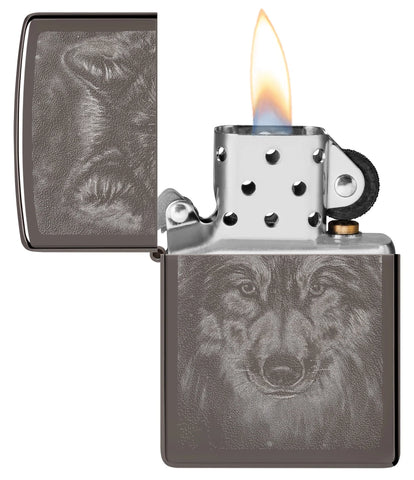 Zippo Zippo Wolf Windproof Lighter with its lid open and lit.