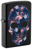 Front shot of Flamingo Skull Design Black Matte Windproof Lighter standing at a 3/4 angle.