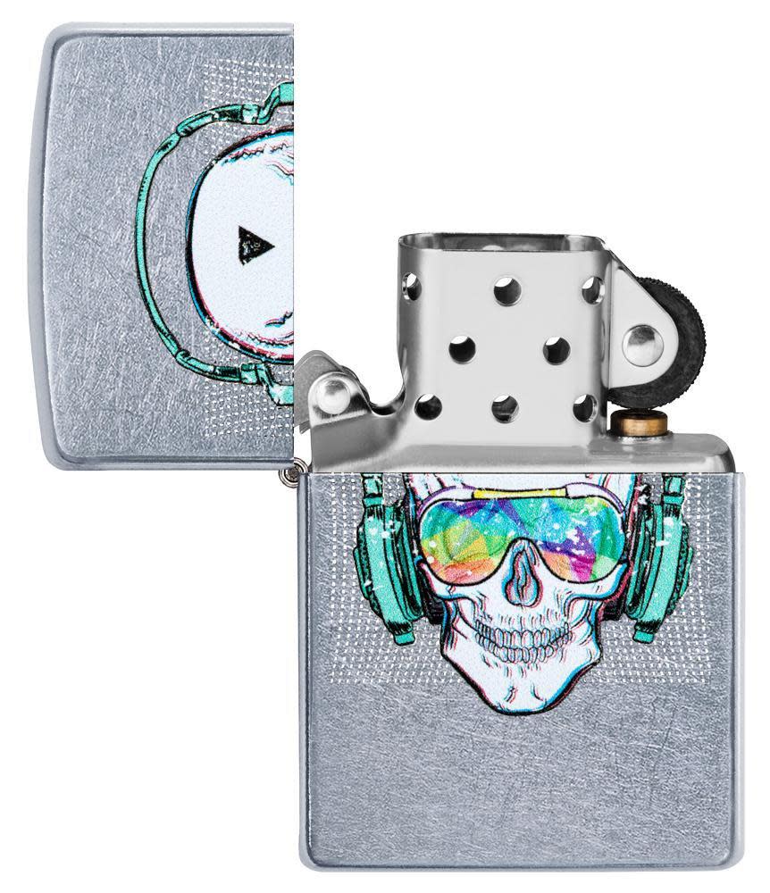 Skull Headphone Design Lighter with its lid open and unlit