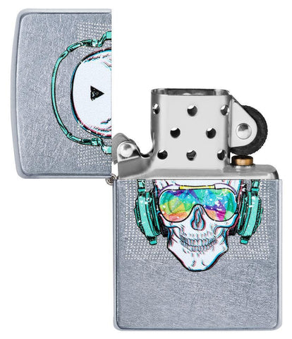Skull Headphone Design Lighter with its lid open and unlit