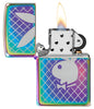 Playboy Bunny Logo Multi Color Windproof Lighter with its lid open and lit