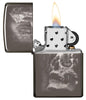 Skull Mountain Black Ice Windproof Lighter with its lid open and lit