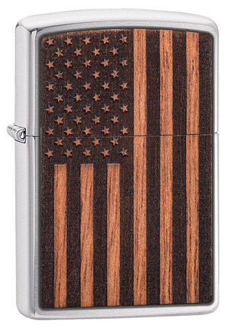 Front view of WOODCHUCK USA American Flag Windproof Lighter standing at a 3/4 angle