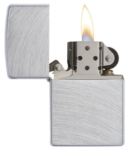 Classic Chrome Arch Windproof Lighter with its lid open and lit