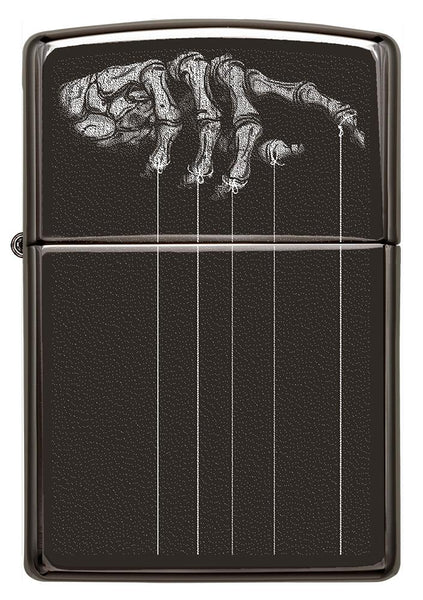 Front of Skeleton Puppet Strings High Polish Black Windproof Lighter