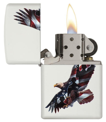 Front view of the Patriotic Eagle Soldiers Lighter open and lit 