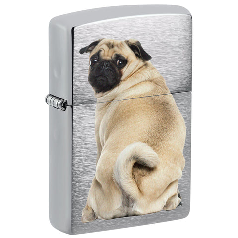 Front shot of Pug Design Windproof Lighter standing at a 3/4 angle.