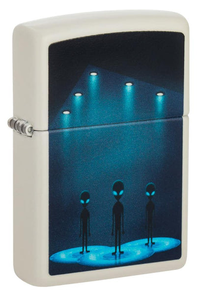 Front shot of Aliens Design Glow-In-the-Dark Windproof Lighter standing at a 3/4 angle.