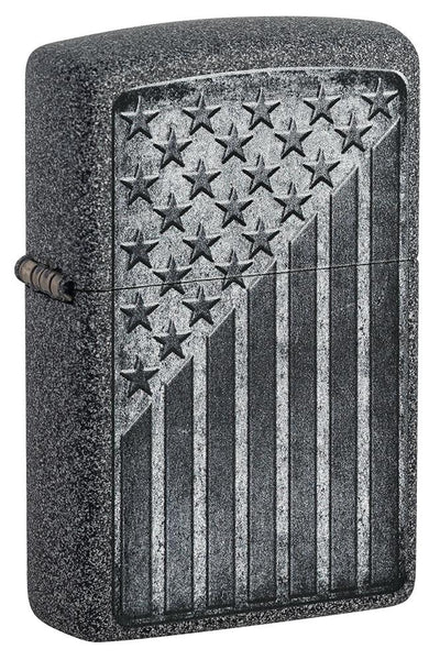 Front shot of Stars and Stripes Design Iron Stone Windproof Lighter standing at a 3/4 angle.