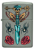 Zippo Gothic Dagger Design Sage Pocket Lighter with its lid open and unlit.