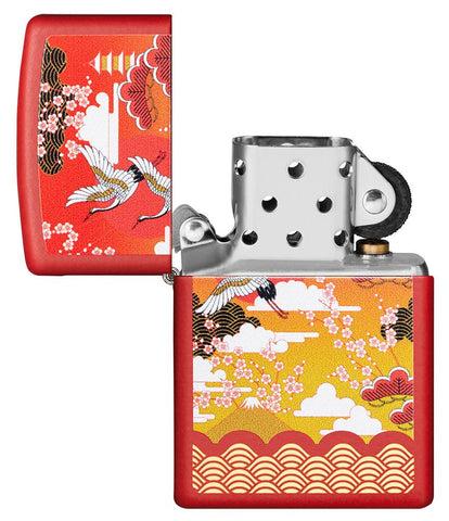 Kimono Design Red Matte Windproof Lighter with its lid open and unlit