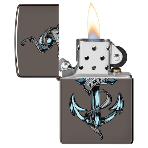 Tattoo Anchor Windproof Lighter with its lid open and lit.