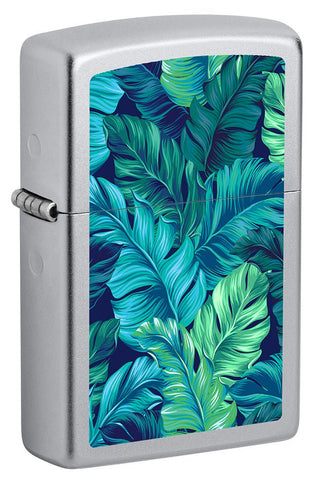 Front shot of Botanical Leaves Design Windproof Lighter standing at a 3/4 angle.